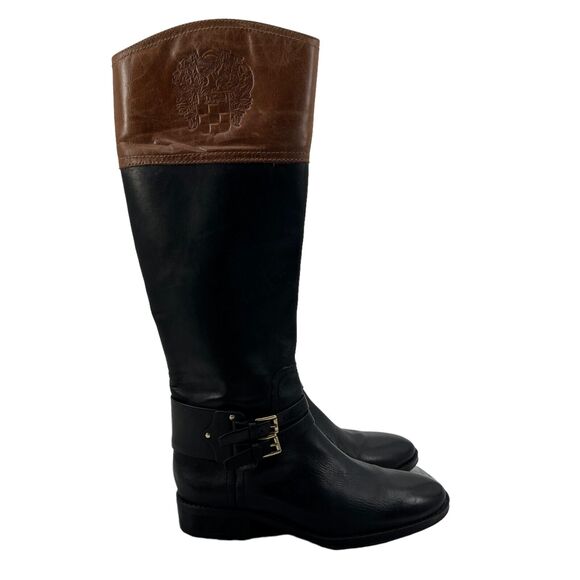 Vince Camuto Pryna Riding Boot Womens 7 Black Russet Burnish Leather Knee High - Picture 1 of 13